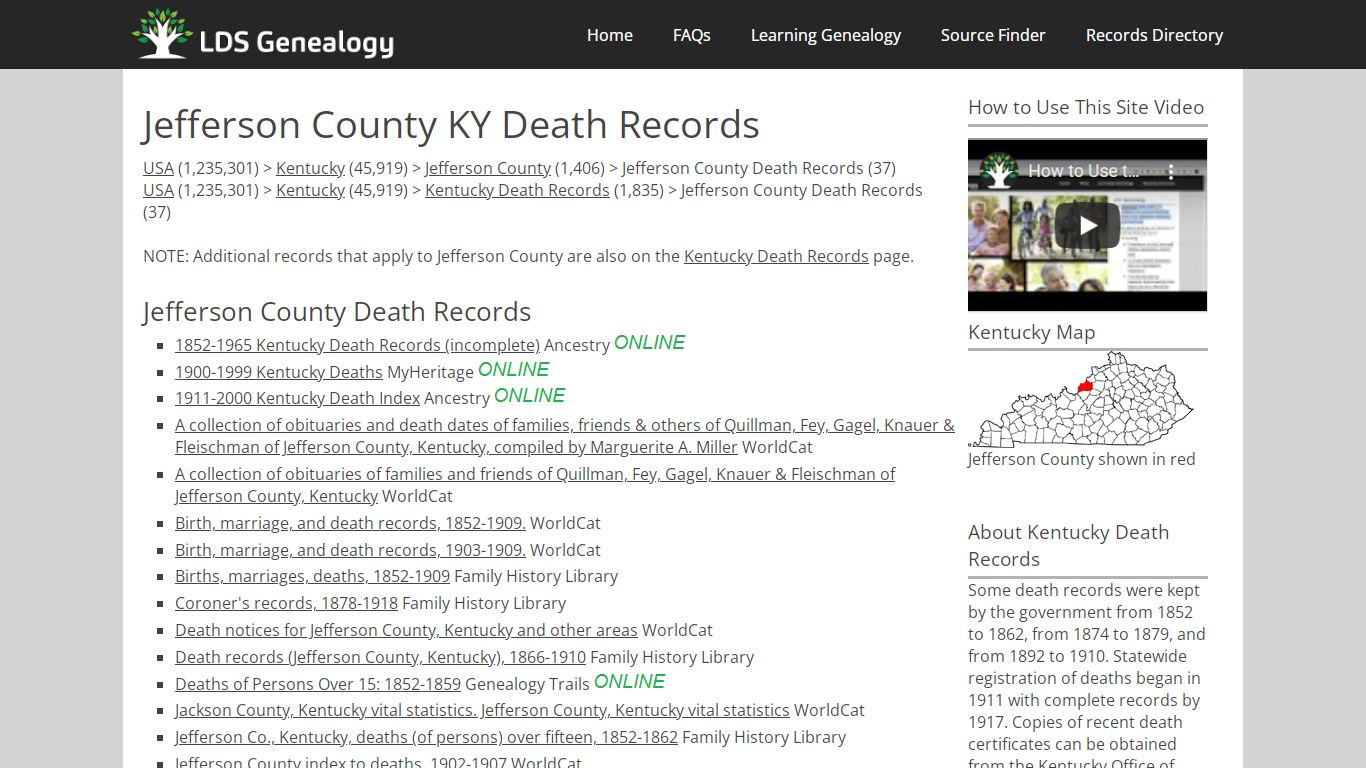 Jefferson County KY Death Records - LDS Genealogy